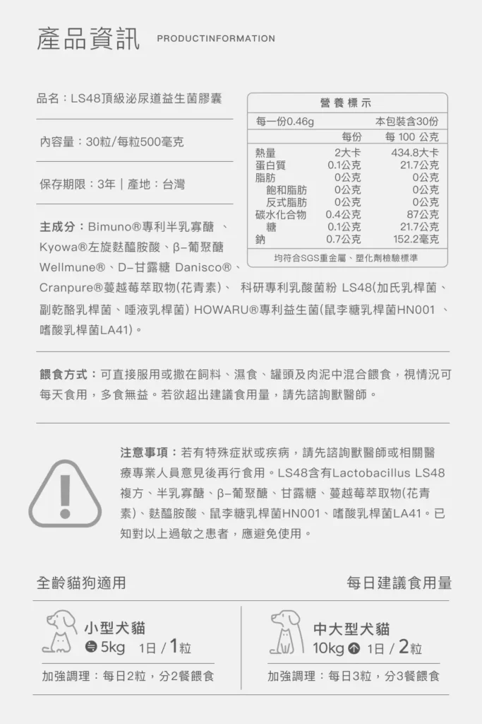 LS48泌尿道益生菌產品資訊與營養標示