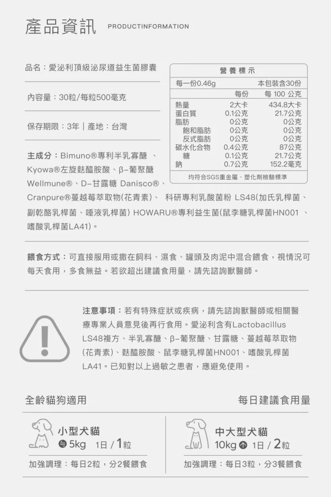 愛泌利 頂級泌尿道益生菌膠囊 產品資訊與營養標示