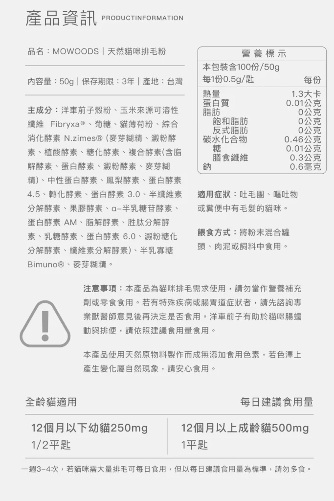 天然貓咪排毛粉成分表營養標示與每日建議食用量說明