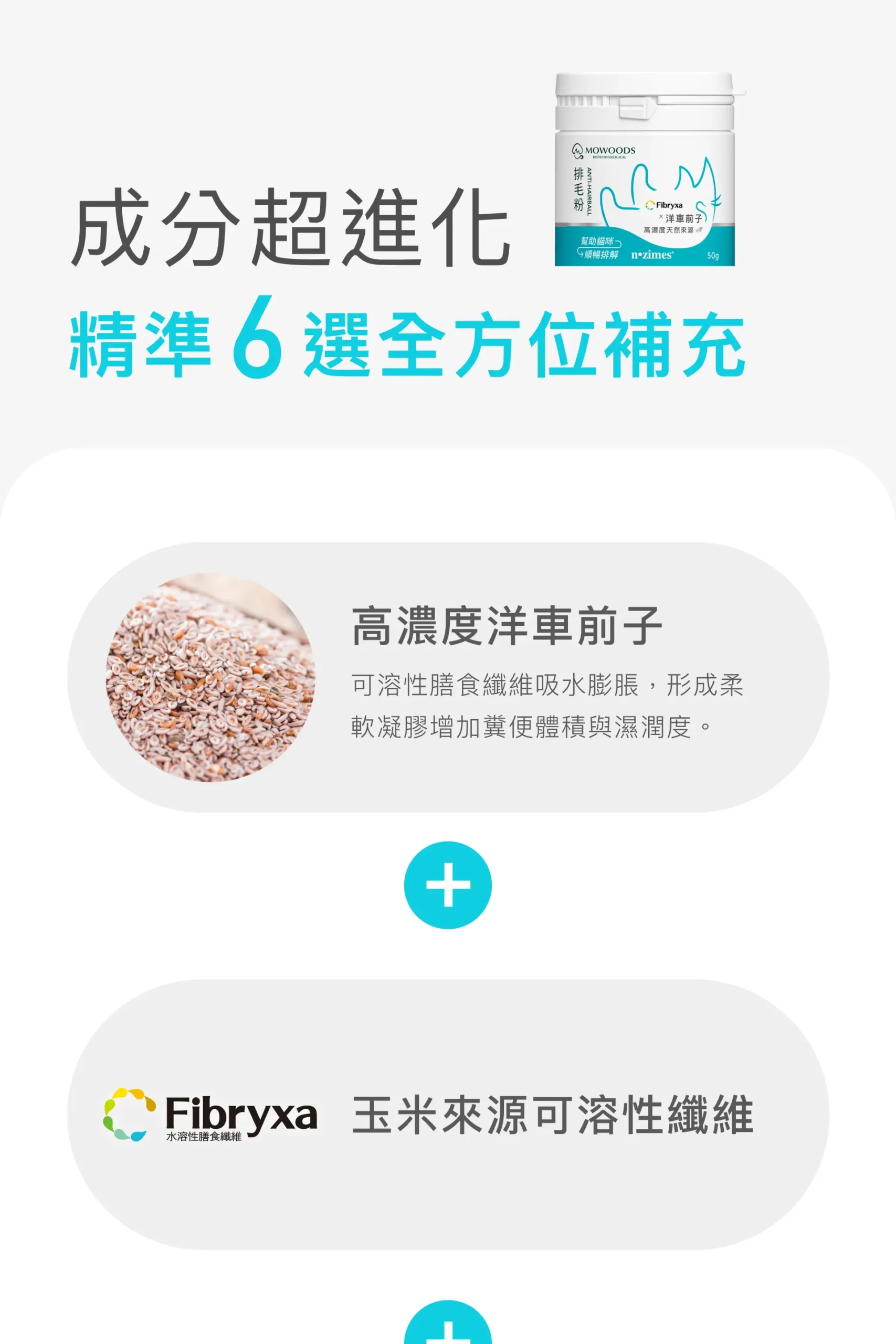 天然貓咪排毛粉六種成分搭配的排毛與腸道管理說明圖