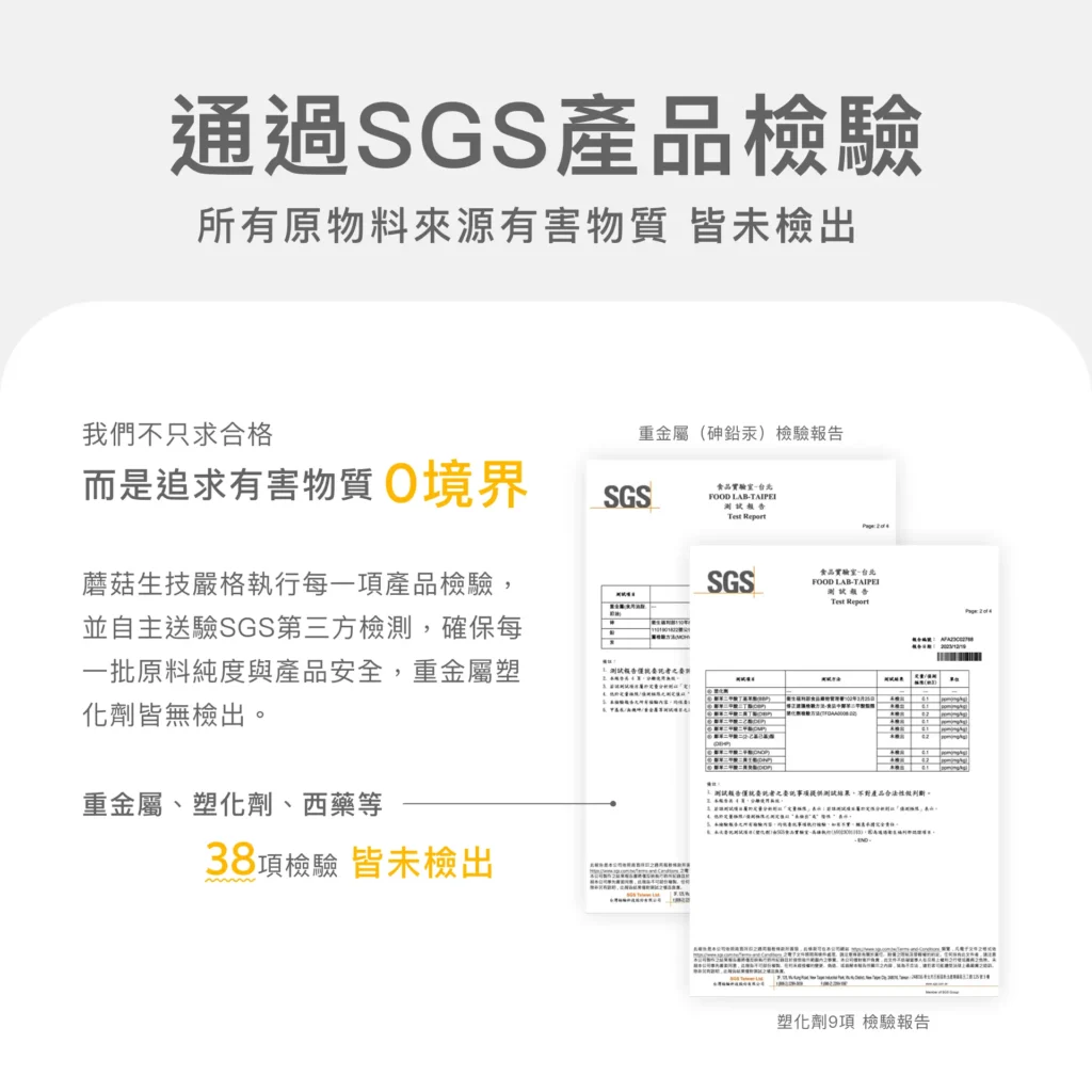 蘑菇生技頂級寵物牛磺酸 SGS 檢驗合格示意圖，38 項重金屬與塑化劑檢測皆未檢出，寵物心臟保健營養補充